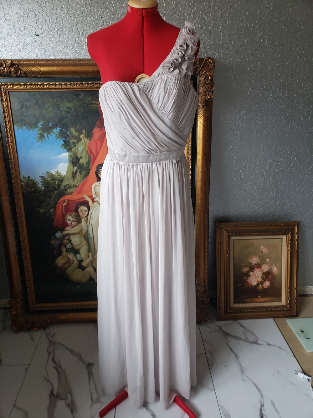 Dessy Collection One-Shoulder Chiffon Gown in Light Gray